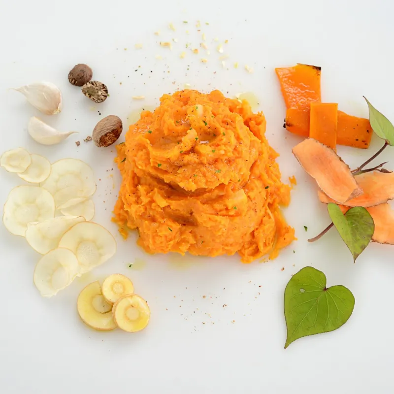 creamy, mashed parsnips and sweet potatoes, surrounded by chunks of both roots