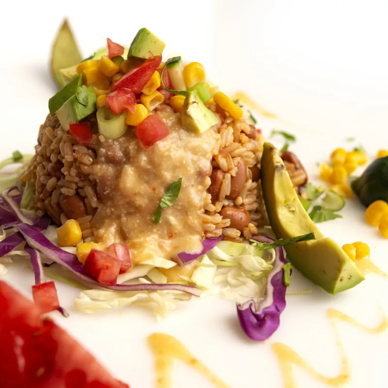 Scoop of taco lunch bowl ingredients with avocado and pepper garnishes