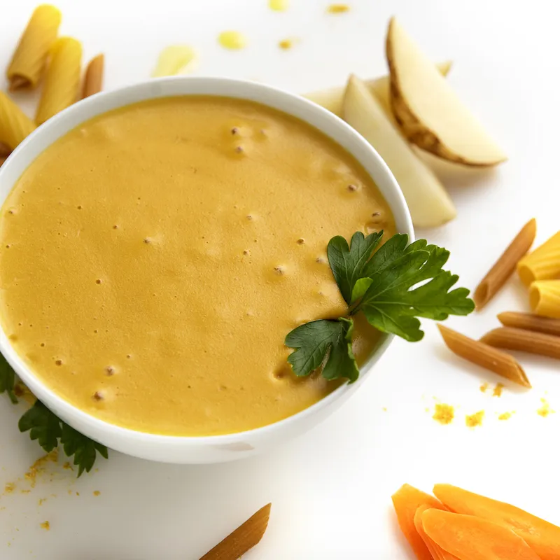 White bowl of orange cheese sauce surrounds by pasta garnishes