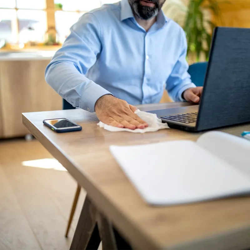 A man wiping down his work station.