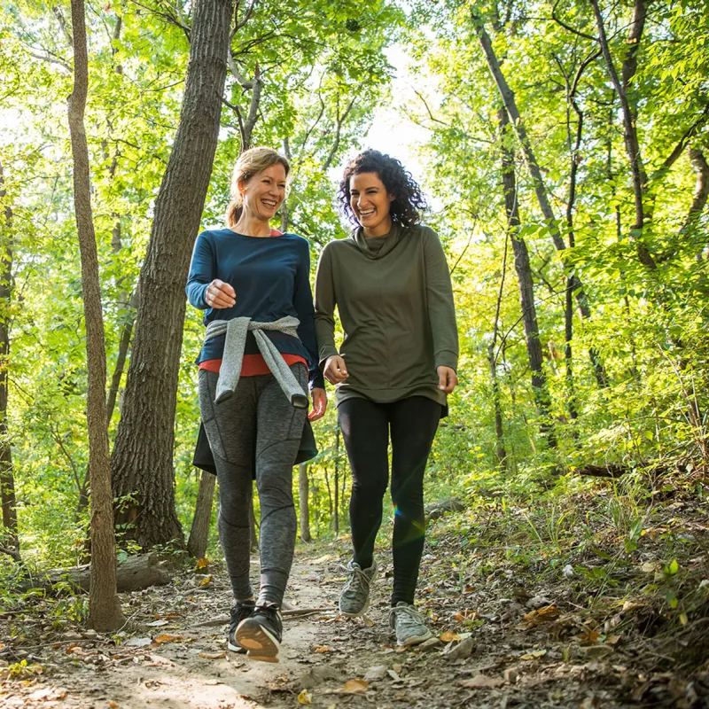 Two friends hiking in the mountain during the morning.