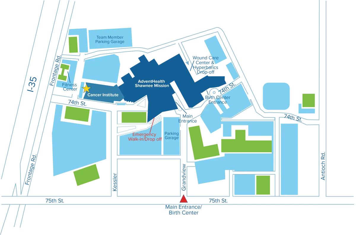 Access the Cancer Institute from 74th St, just off east Frontage Road.