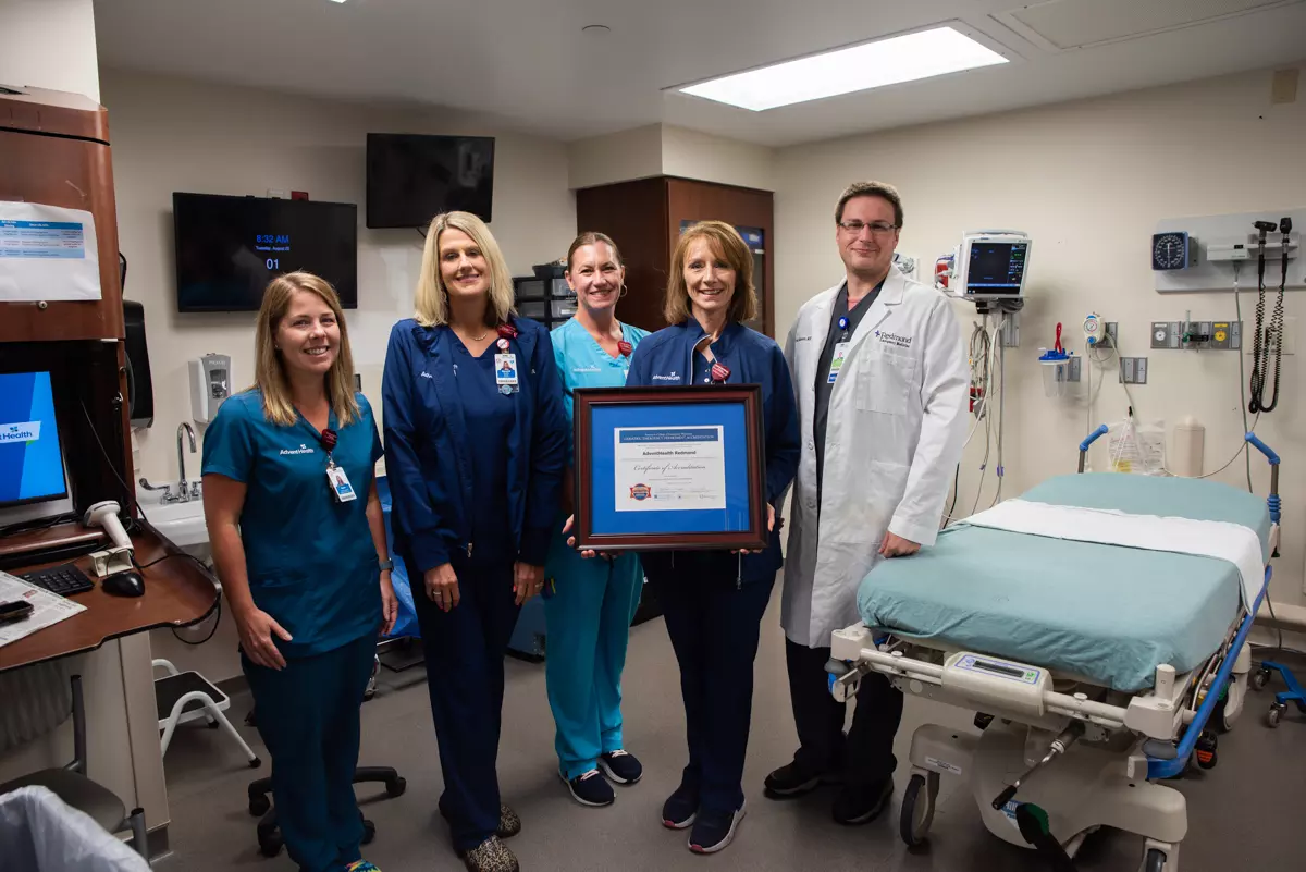 Members of the team who coordinated the GED included (left to right) Sarah Hardaker, manager of physical therapy, Meredith Qualley, emergency department manager, Helen Fishburn, registered dietician, Cindy Hoggard, director of emergency services and David Saunders, MD.