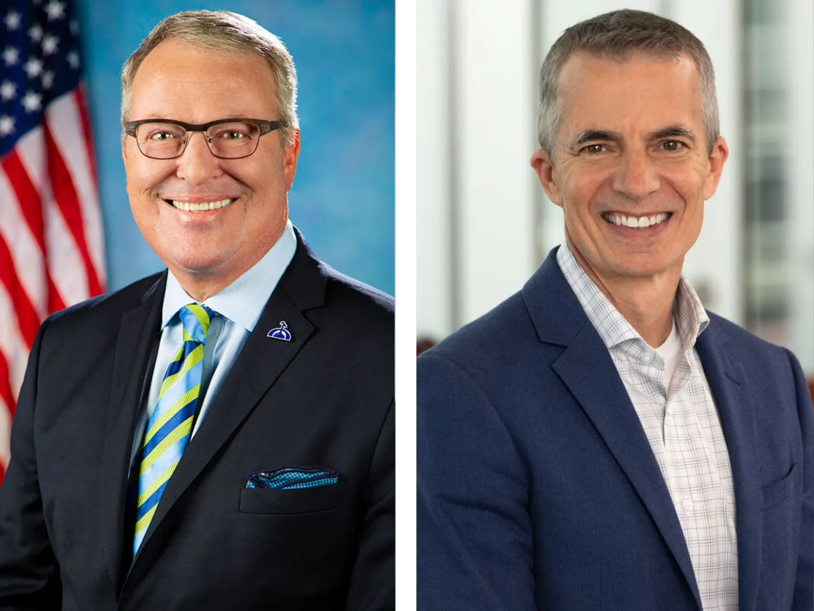 Side by side headshots of Mayor Buddy Dyer and Dout Harcombe