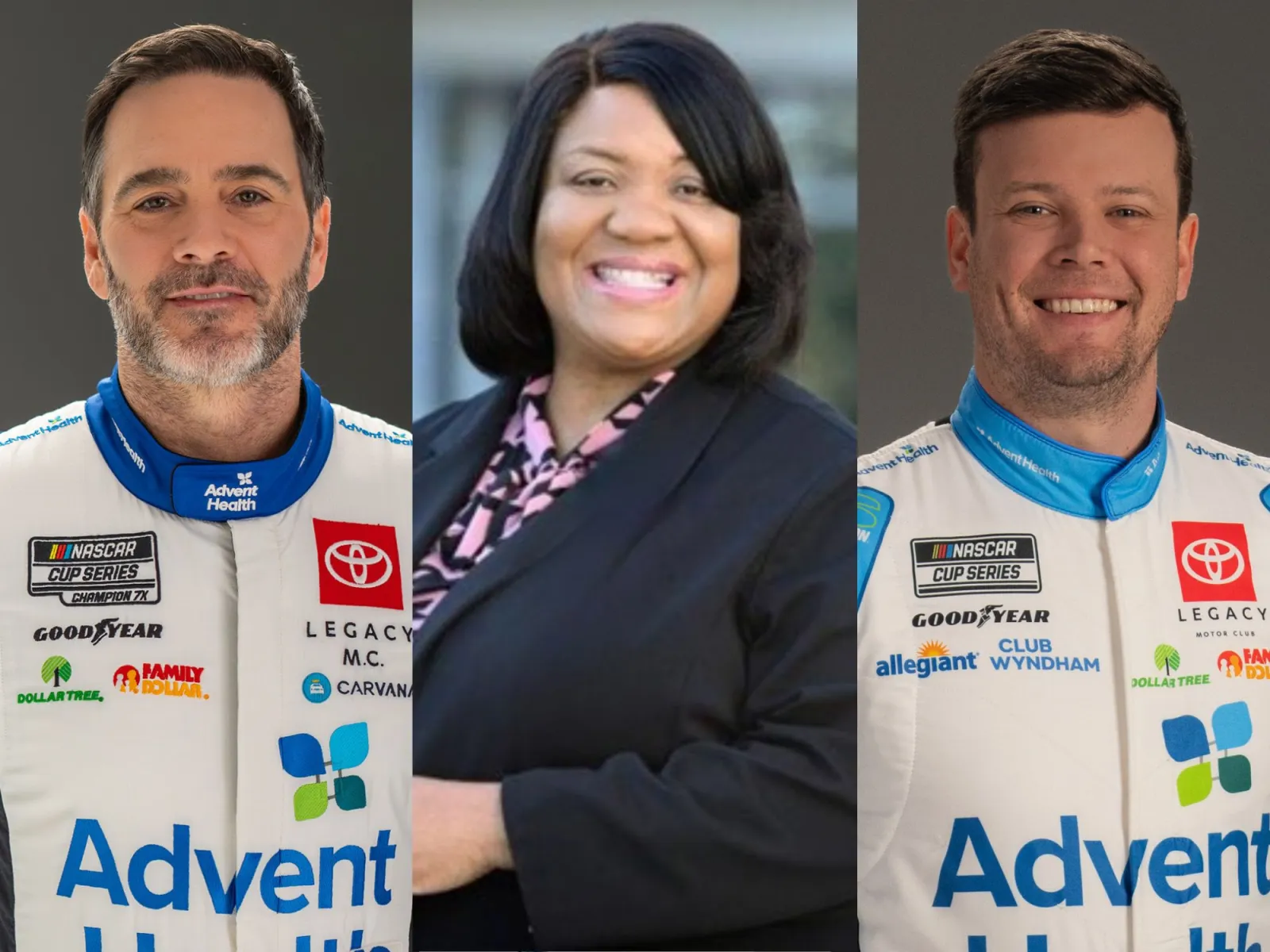 Jimmie Johnson, Audrey Gregory and Erik Jones side by side headshots