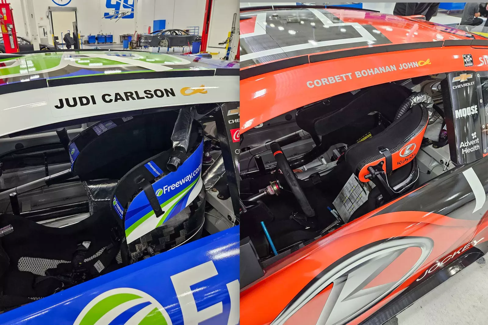 Cancer heroes Judi Carlson and Corbett Bohanan John names on NASCAR cars.