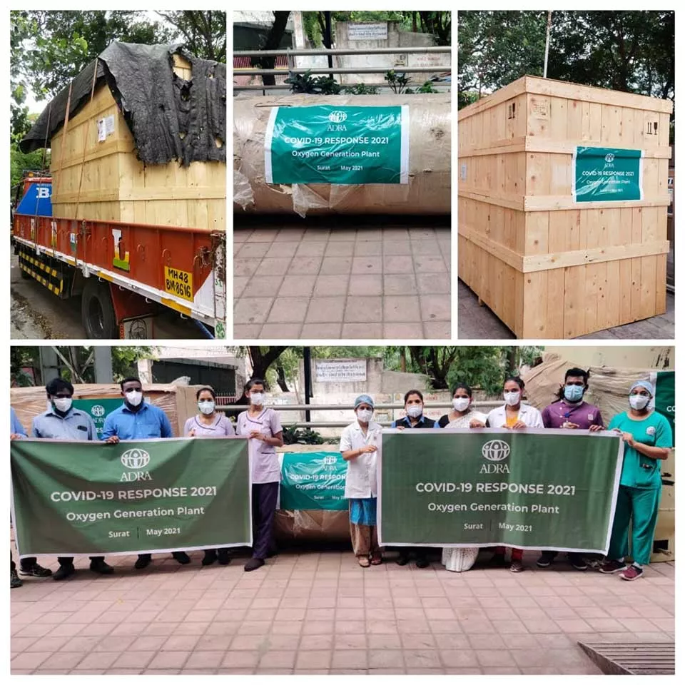 Collage image of palettes of relief supplies for India