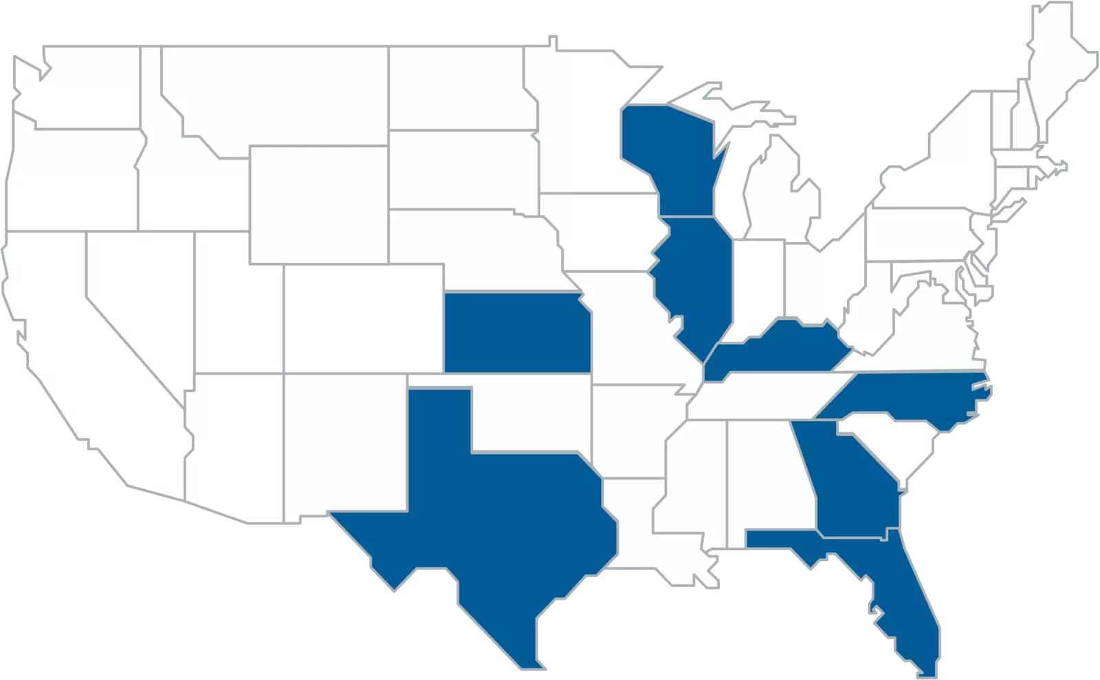 Map of the United States, highlighting Florida, Georgia, North Carolina, Kentucky, Illinois, Wisconsin, Kansas and Texas